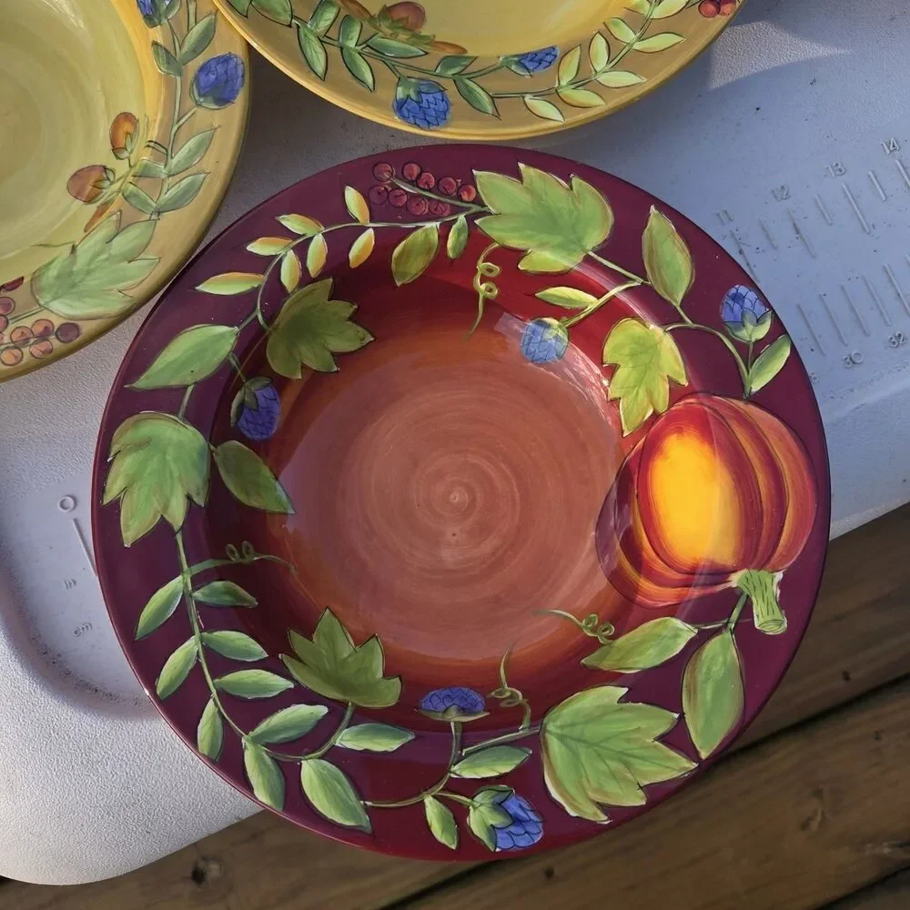Gates Ware by Laurie Gates 4pc Ceramic Bowl Set Floral Yellow Burgundy Green